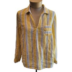 J. Jill Love Linen Yellow Striped Linen Roll-tab Top Size PM